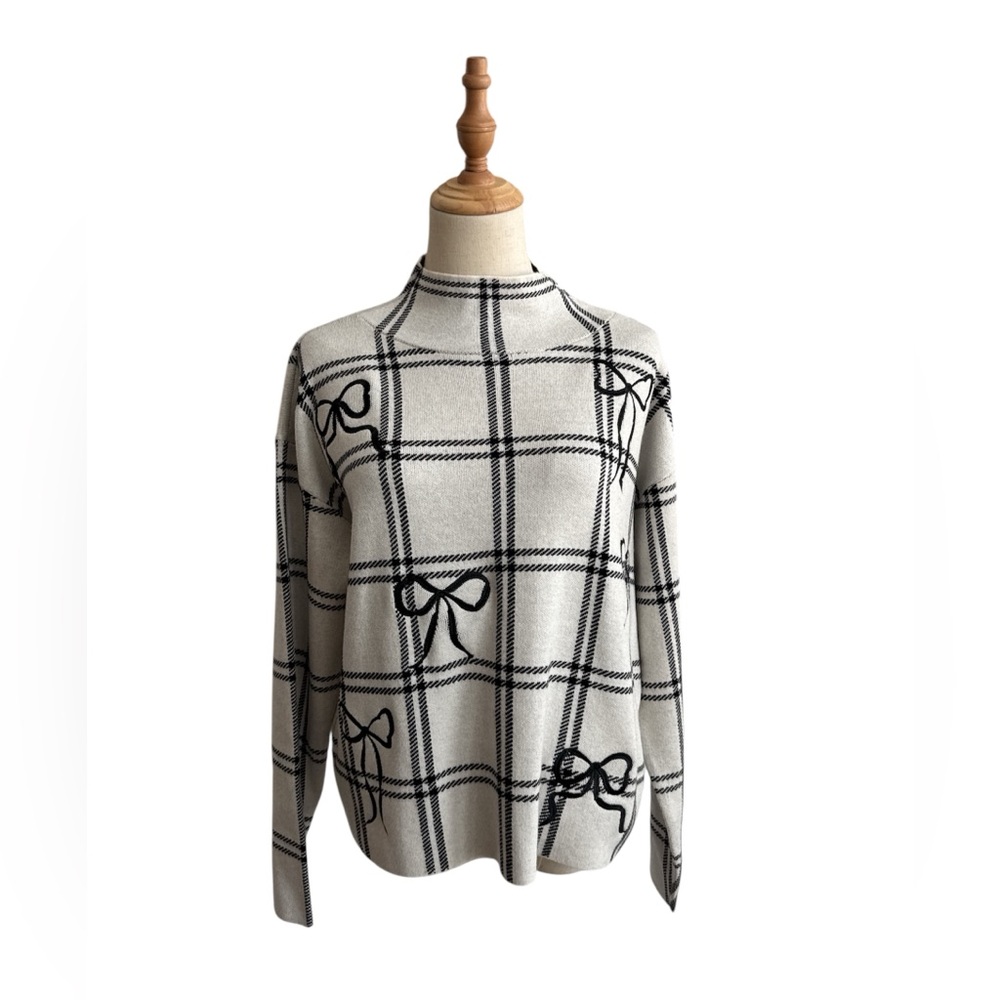 Anthropologie Maeve Carys Mock Neck Sweater Black Off White Bow Size Small New - Picture 2 of 10